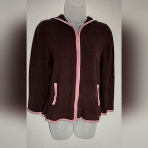 Ladies Brown with Pink Trim Zip front Hooded Cardigan